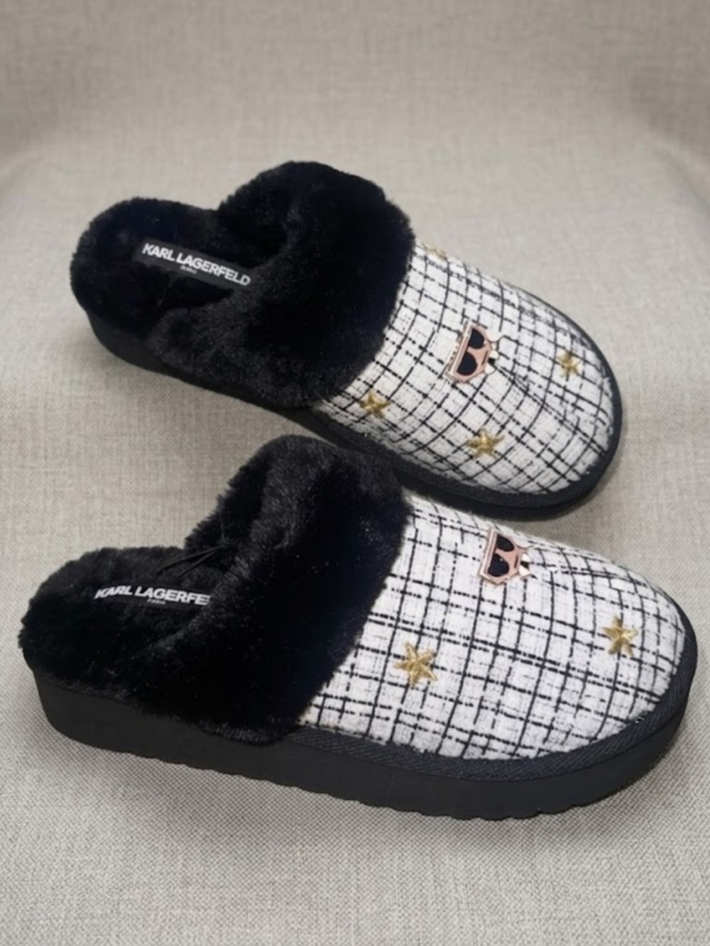 NEW Black Karl Lagerfeld Tweed Slippers with Gold Stars Iconic Karl Patch 11